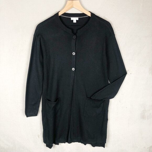 J. JILL Wool‎ Blend Duster Cardigan Sz SP Petite Black Pockets Longline Sweater - Picture 1 of 13